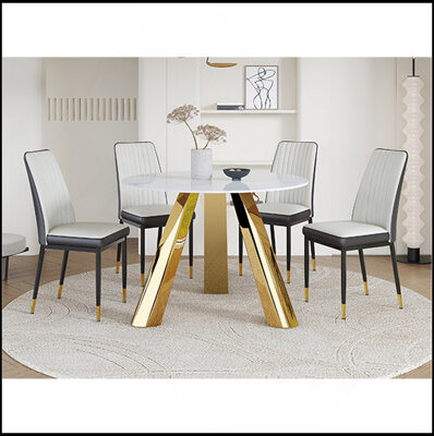 Latitude Run A 42-Inch Round Dining Table With Cast Iron Base And Stainless Steel Legs, Paired With Four White-Gray Striped Dining Chairs