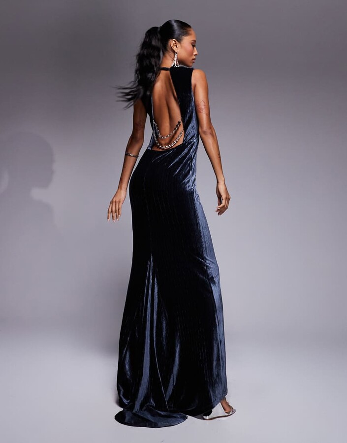 ASOS DESIGN premium high neck crushed velvet maxi dress with oversized diamante trim back detail in charcoal