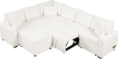 Latitude Run Cream 112.2\ Sectional With Bed Conversion, Storage , Charging Ports And Extra Pillows For Living Room Pull-Out Option, Movable & 3 Supportive Area