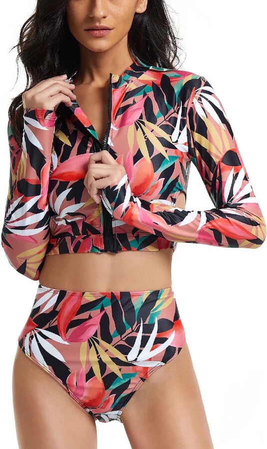 XIRSIINA Swimsuit Women 2 Piece Rash Guard Long Sleeve Zipper Bathing