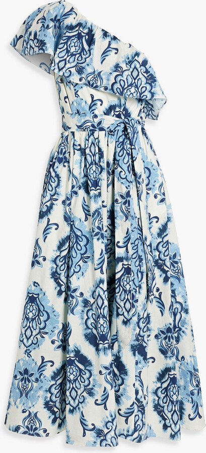 Mikael Aghal One-shoulder printed cotton-poplin midi dress
