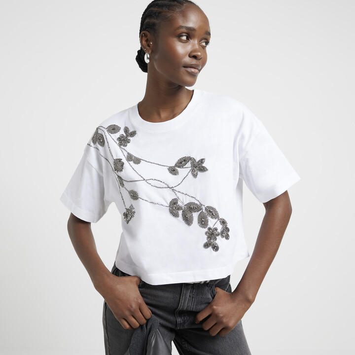 River Island Womens Beige Floral Embellished T-Shirt ShopStyle
