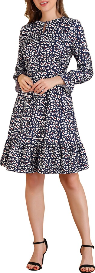 Unique Bargains Women’s Leopard Print Long Sleeve Keyhole Neck Ruffle Dress S Navy Blue