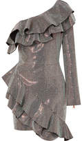Balmain - One-shoulder Ruffled Crystal-embellished Crepe Mini Dress - Silver
