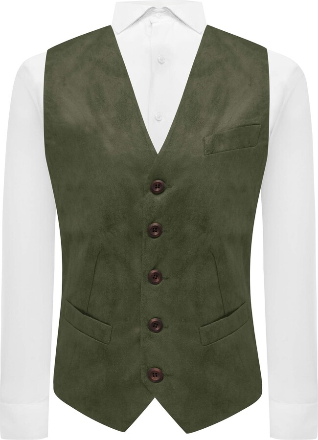 King & Priory Dark Olive Green Suede Waistcoat M ShopStyle Suits