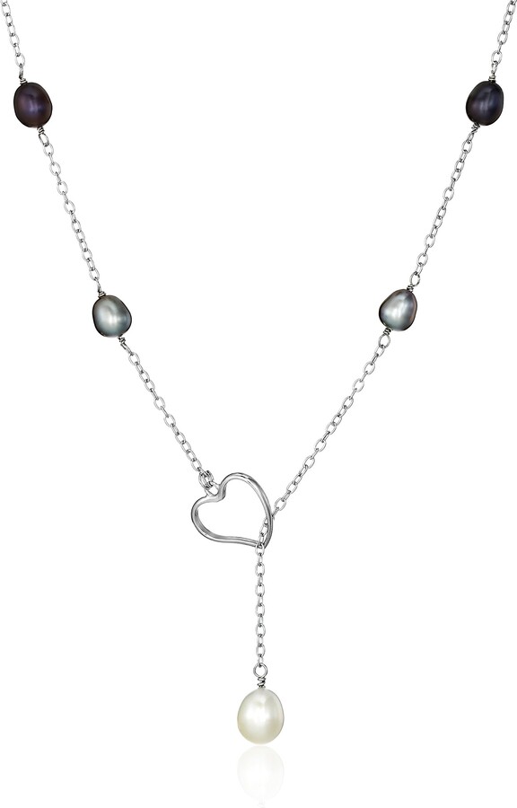 Bella Pearls Women's Cubic Zirconia and Freshwater Pearl Lariat Sterling Silver 