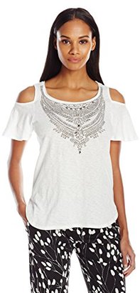 Democracy Women's Knit Cold Shoulder Jewel Necklace Print Tee
