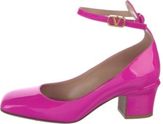 Valentino Patent Leather Pumps Pink Square-Toes Straps & Buckle Closure at Ankles Designer