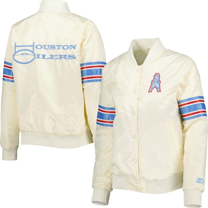Women's Starter Cream Houston Oilers Line Up Satin FullSnap Varsity