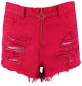 Thumbnail for your product : boohoo O-Ring Zip Front Distressed Denim Shorts