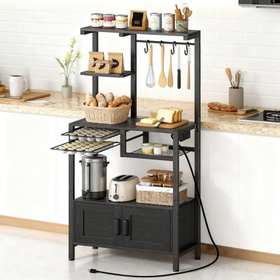 Latitude Run Baker's Rack With Power Outlet & Storage Cabinet Microwave Stand With Coffee Pod Drawer Large Capacity Kitchen Organizer With 4 Hooks Easy Assembly