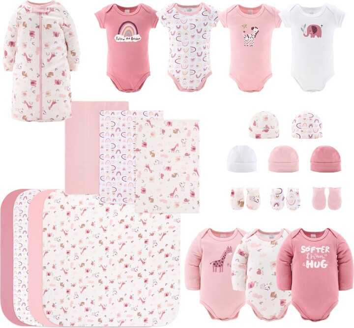 The Peanut Shell The Baby Girls Newborn Shower Gift Set Layette Essentials, Pink - Pink/white