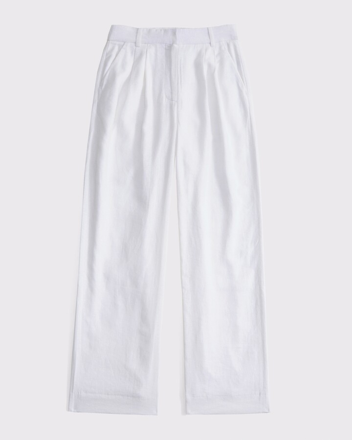 Abercrombie & Fitch Women's Curve Love A&F Sloane Linen-Blend Wide Leg Pant in White - Size 34 LONG