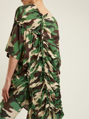 Junya Watanabe Gathered-detail Camouflage-print Woven Dress - Green Multi