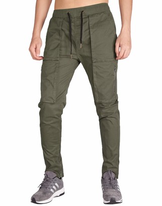 ITALYMORN Men's Soft Technical Jogger Cargo Trousers Work Wear Tapered Slim Elastic Waist XS Dark Grey Green