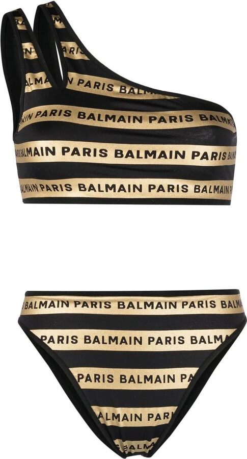 Balmain Logo-Print One-Shoulder Bikini