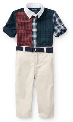 Ralph Lauren Childrenswear Poplin Tartan Shirt & Pants Set, Navy, Size 9-24 Months