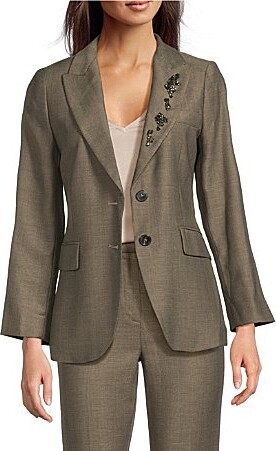 Marella Twill Crystal Lapel Notch Lapel Two Button Kaki Jacket