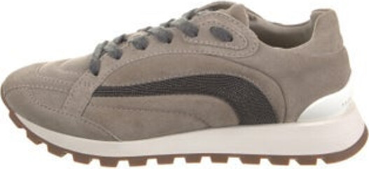 Brunello Cucinelli Suede Low Top Sneakers Neutrals Rubber Trim Round-Toes with Studded Accents Platform Lace-Up Closure at Uppers Includes Box & Dust Bag Designer