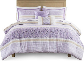 fengshu Seersucker Comforter Including 2 Shams And Throw Pillows - Microfiber , Shabby Chic Style With Floral Patterns Lace Ruffles, Filling, Spot Cleanable,