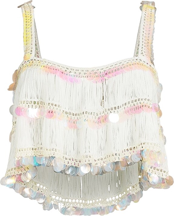 My Beachy Side Women's Viola Crochet-Knit Sequined Tankini Top - Ivory - Size Small