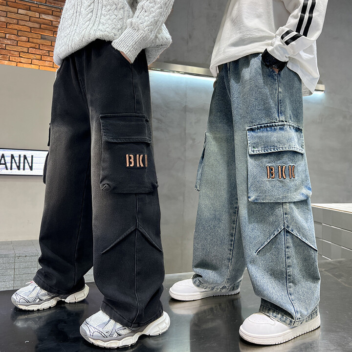 ZHIXUANTONG Teenage Boy Casual Cargo Jeans with Big Pocket For Child New Loose Style Denim Pants Kids Fashion Street Jeans Trousers 5-14T