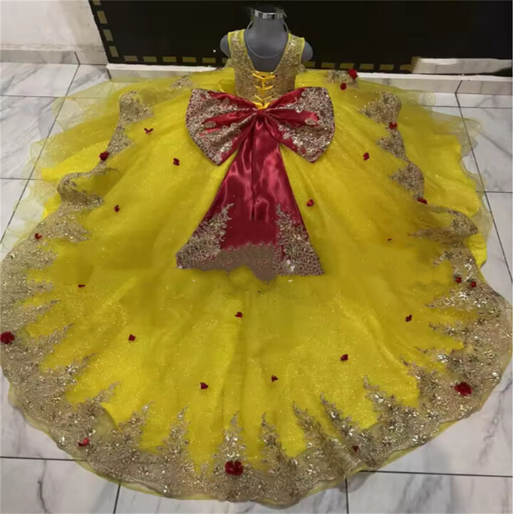 lakeitama Yellow Flower Girl Dress For Wedding Tulle Puffy With Red Bow Shiny Kids Birthday Party First Communion Ball Gowns Customized