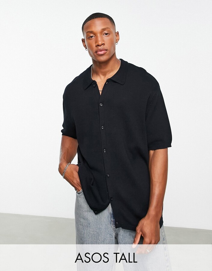 ASOS DESIGN oversized knitted button through polo in black - ShopStyle