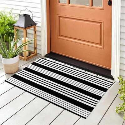 Collive Black and White Outdoor Rug Doormat 24’’ x 35’’ Cotton Woven Porch Rug Outdoor Indoor Rugs Farmhouse Striped Rugs Runner Washable Carpet For Front Kitchen Bathroom Laundry Room 