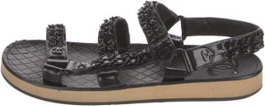 Chanel Goat Leather Slingback Sandals Black Interlocking CC Logo & Chain-Link Accent Chain-Link Accents Platform Multistrap & Velcro Closure at Uppers Designer