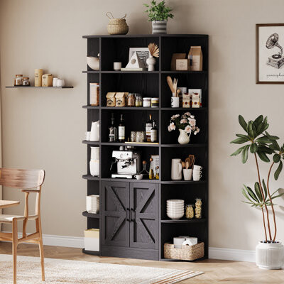 75" Tall 6-Tier Wooden Bookshelf with Storage Cabinet and Doors - Wide Organizer