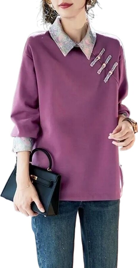 AHEHSAAO Chinese Style Splicing Sweatshirt for Women's Mid-length Loose Top Black1 L