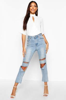 boohoo High Neck Cut Out Choker Wrap Front Blouse