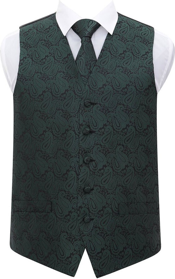 DQT New Paisley Emerald Green Men's Waistcoat and Tie Set 50