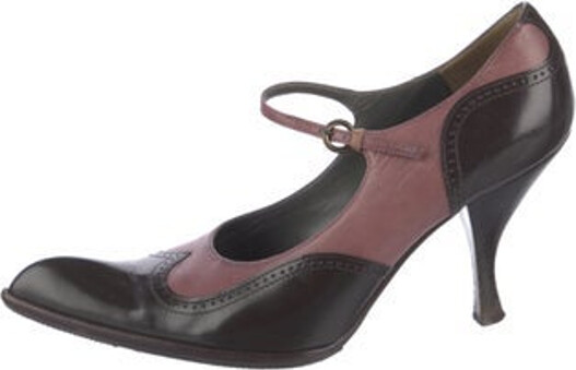 Miu Miu Leather Pumps Pink Colorblock Pattern Semi-Pointed Toes Mary Jane Strap Designer