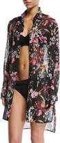 Carmen Marc Valvo Floral-Print Sheer Button-Down Coverup Shirt