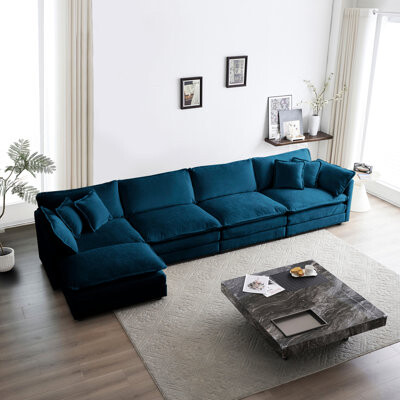 Hokku Designs Modular Sectional For Living Room: U Shaped 5 Seater With  Blue Chenille Fabric Sectional: Couch Home Decor