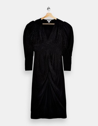 Topshop ruched front jacquard midi dress in black - ShopStyle