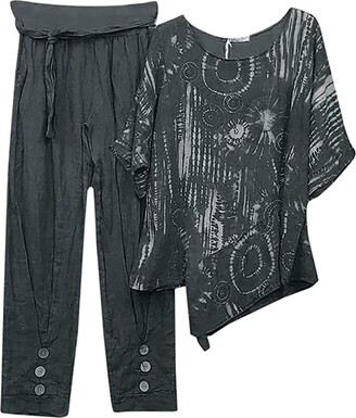 HILLEO Women Casual Button 2 PCS Outfit Set Wide Leg Lounge Pants + Short  Sleeves Shirts Streetwear Loungewear Soft Comfy (Color : Blue - ShopStyle