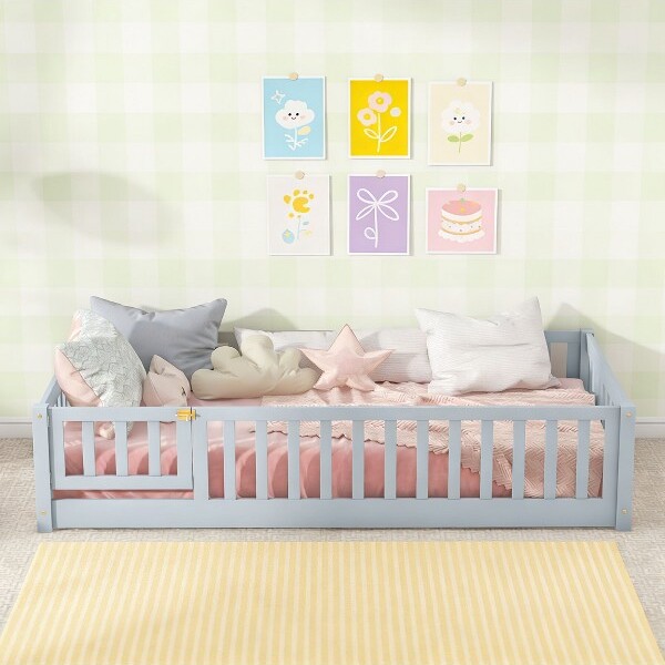 LuxystarTwinSizeFloorBedwithFenceandDoorforKids'RoomGray