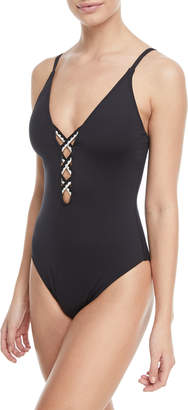 La Blanca Lace-Up Strappy-Back Solid One-Piece Swimsuit