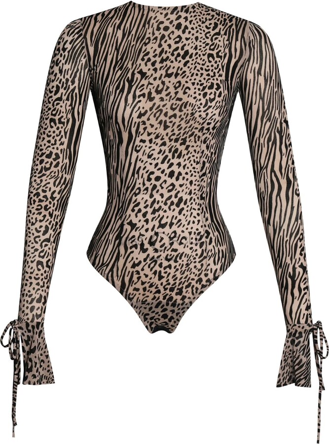 Miss Circle New York Brown Ibera Animal Print Burnout Velvet Long Sleeve Bodysuit