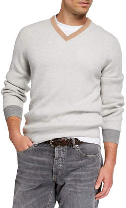 Mens Clothing Sweaters and knitwear V-neck jumpers for Men Grey Brunello Cucinelli V-neck Cashmere Jumper in Grey 