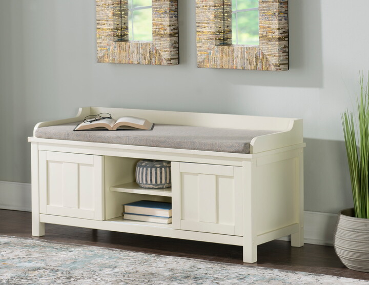 Linon Lavena 2-Sliding Door Storage Bench with Shelf, 21" Seat Height, Antique White Finish with Gray Fabric