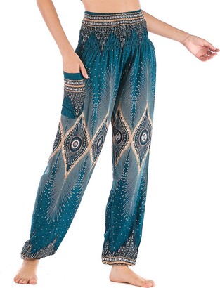 Nuofengkudu Hippie Patterned Harem Yoga Pants with Pockets Womens