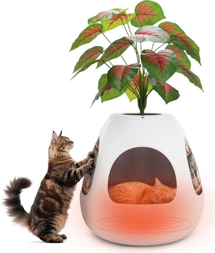 coziwow Cat House with Air Purifier & Artificial Plant, White