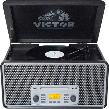 Victor 8-in-1 Wood Music Center with Bluetooth Vinyl Record Player