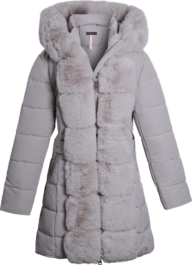 shelikes Women Winter Coat Warm Quilted Hooded Belted Faux Fur Trim ...