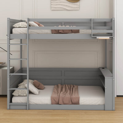 Queen Size Wooden Bunk Bed – Built-In Shelves, Storage Box, LED Light & USB Charging (Low Floor, Space-Saving Multifunctional)