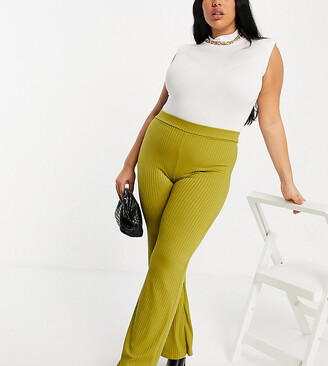 Club L London Plus ribbed flared pants in green co